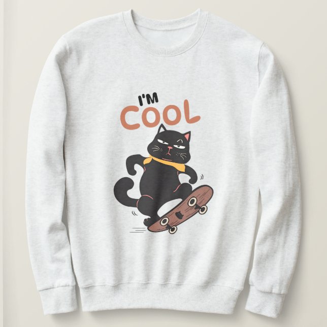 Cool Cat Skateboard – Funny Black Cat Illustration Sweatshirt (Design Front)
