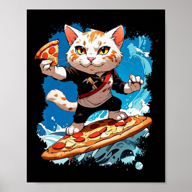 Cool Cat Surfing On Pizza  Poster (Front)