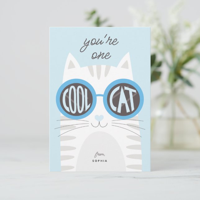 Cool Cat Valentine's day Card_blue Invitation (Standing Front)