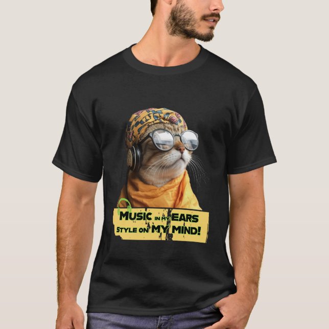 Cool Cat Vibes- Hipster Kitty with Headphones T-Shirt (Front)