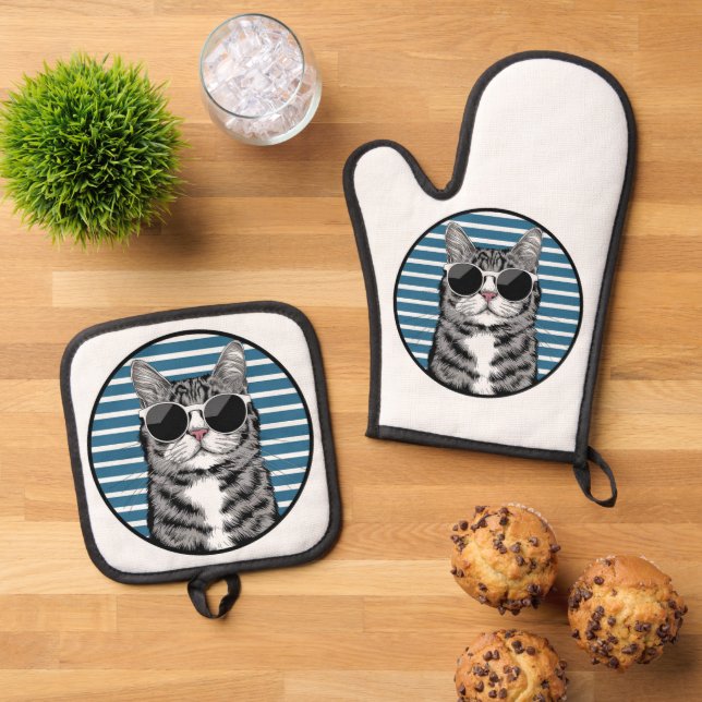 cool cat wearing sunglasses oven mitt & pot holder set (Top Down)