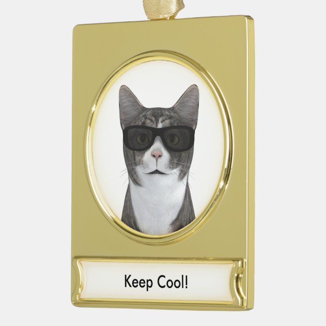 Cool Cat With Black Sunglasses Gold Plated Banner Ornament (Left)