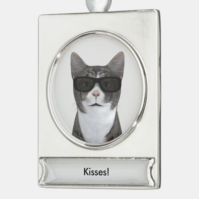 Cool Cat With Black Sunglasses Silver Plated Banner Ornament (Left)