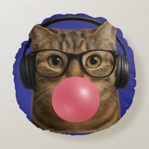 Cool Cat with Bubblegum and Headphones Sticker Round Cushion