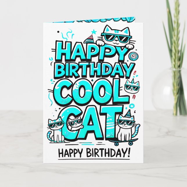 Cool Cat with Cyan Shades Birthday card (Front)