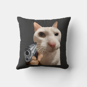 Cool Cat With Gun Funny Meme Cushion