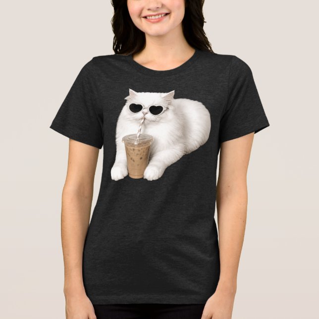 Cool Cat with Heart Sunglasses Drinking Iced Coffe Tri-Blend Shirt (Front)