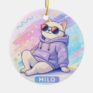 Cool Cat with Name MILO Cute Aesthetic Ceramic Tree Decoration