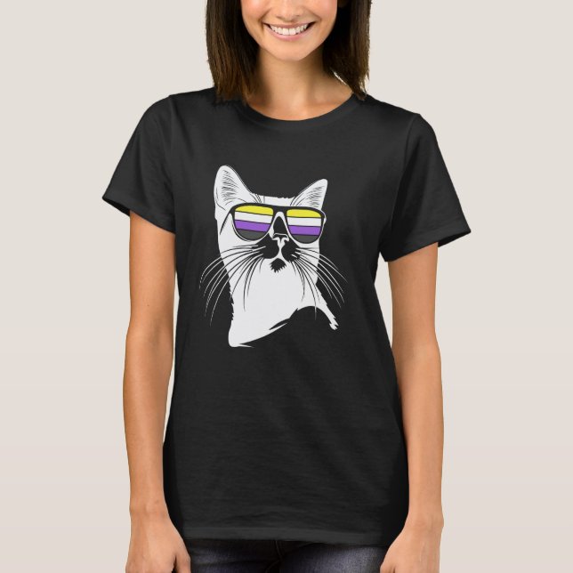 Cool Cat with Nonbinary Pride Sunglasses Fun Enby T-Shirt (Front)