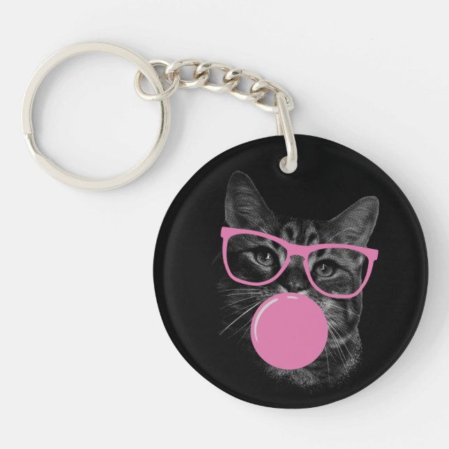 Cool Cat with Pink Glasses & Bubble Gum  Key Ring (Front)