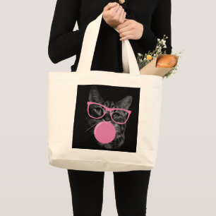 Cool Cat with Pink Glasses & Bubble Gum  Large Tote Bag