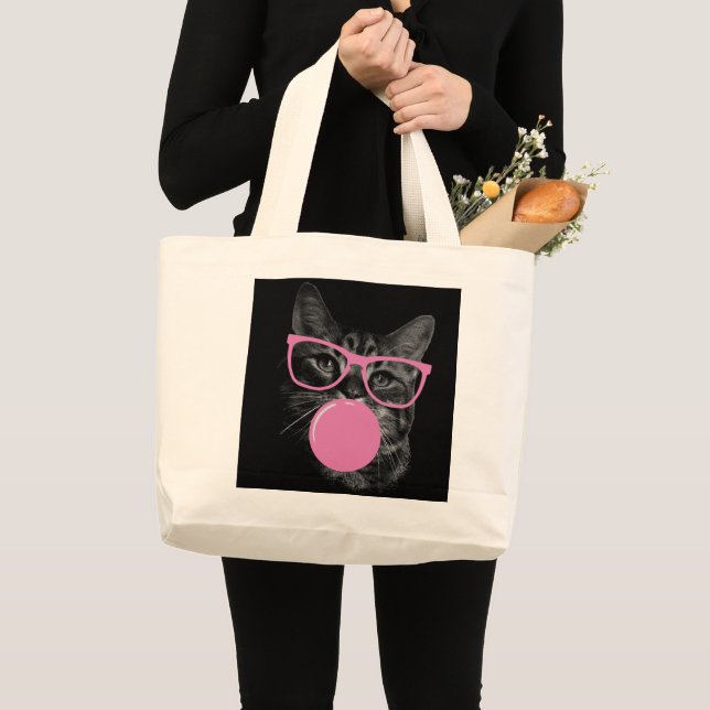Cool Cat with Pink Glasses & Bubble Gum  Large Tote Bag (Front (Product))