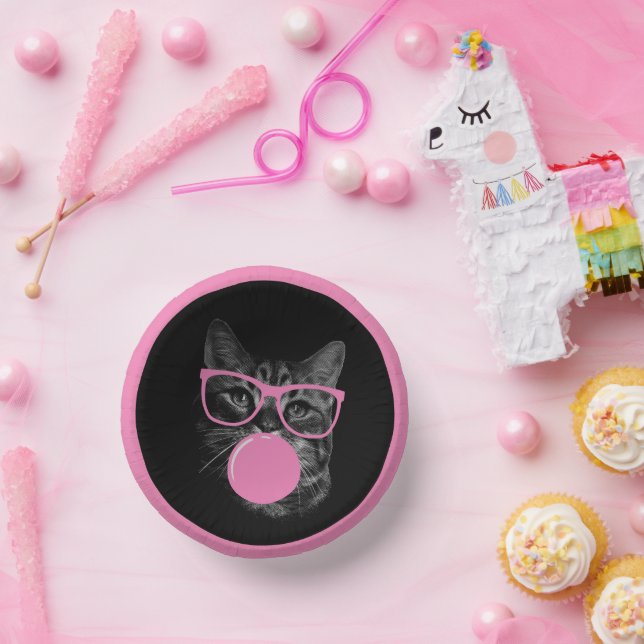 Cool Cat with Pink Glasses & Bubble Gum  Paper Plate (Party)