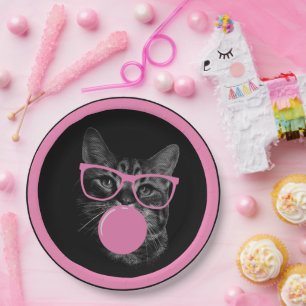 Cool Cat with Pink Glasses & Bubble Gum Paper Plate