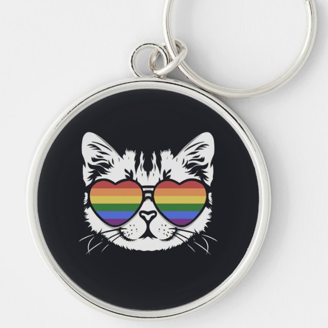 Cool Cat With Pride LGBT Flag Glasses Key Ring (Front)
