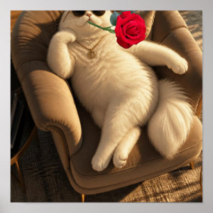 Cool Cat with Sunglasses & Red Rose Poster