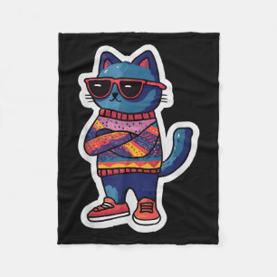 Cool Cat With Sungles Retro Style Funny Animal  Fleece Blanket