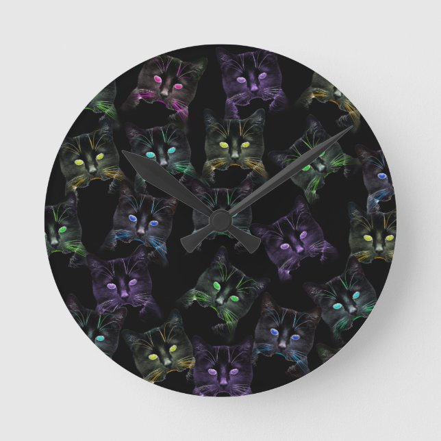 Cool Cats on Black! Multi-colored Cats Round Clock (Front)