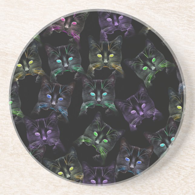 Cool Cats on Black! Multi-coloured Cats Coaster (Front)