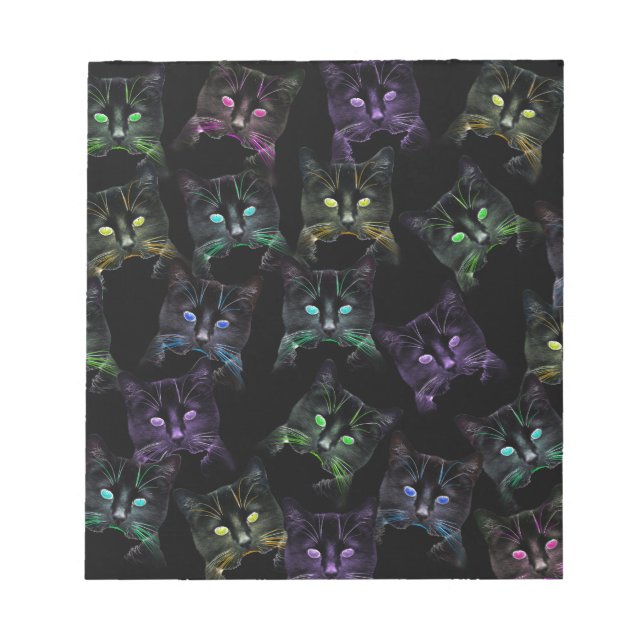 Cool Cats on Black! Multi-coloured Cats Notepad (Front)