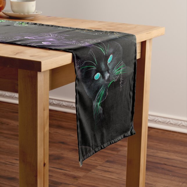 Cool Cats on Black! Multi-coloured Cats Short Table Runner (In Situ)