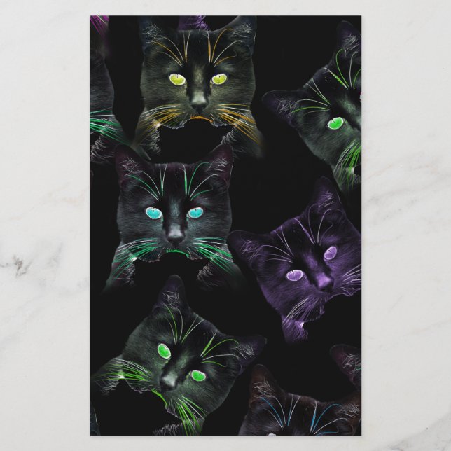 Cool Cats on Black! Multi-coloured Cats Stationery (Front)