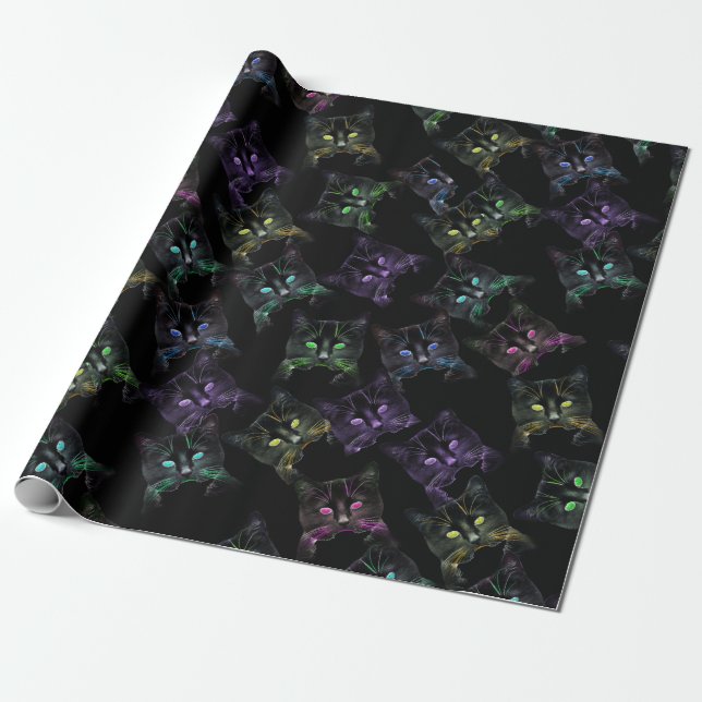 Cool Cats on Black! Multi-coloured Cats Wrapping Paper (Unrolled)