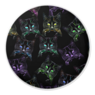 Cool Cats on Black! Multi-Coloured Funky Cats. Ceramic Knob