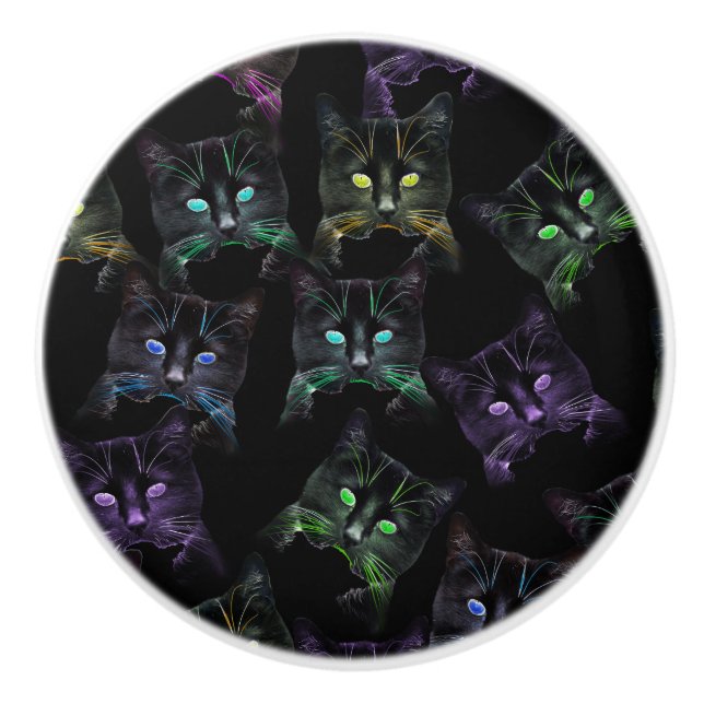 Cool Cats on Black! Multi-Coloured Funky Cats. Ceramic Knob (Front)