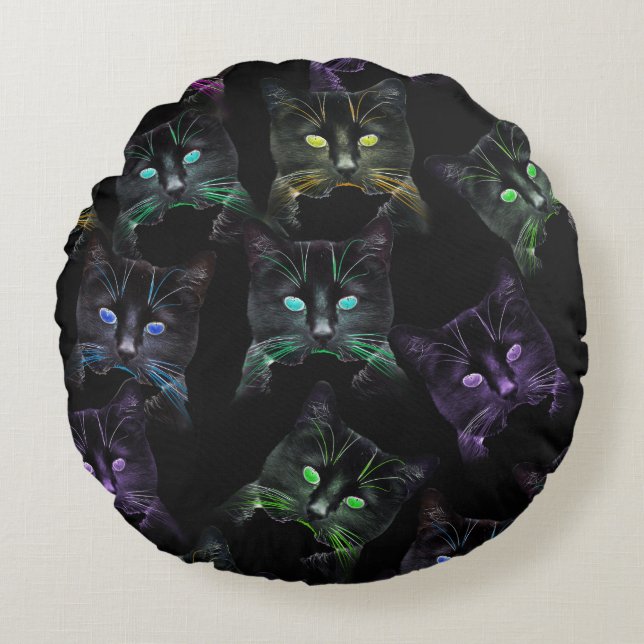 Cool Cats on Black! Multi-Coloured Funky Cats. Round Cushion (Front)