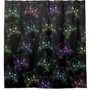Cool Cats on Black! Multi-Coloured Funky Cats. Shower Curtain