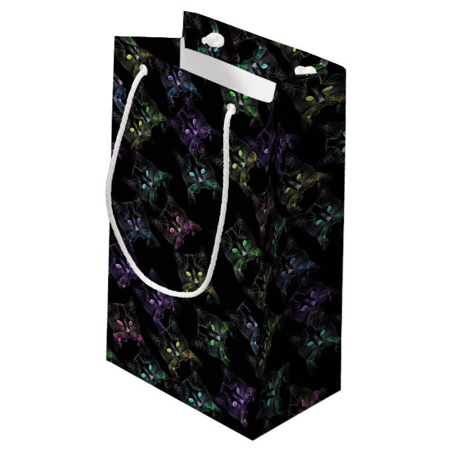 Cool Cats on Black! Multi-Coloured Funky Cats. Small Gift Bag (Back Angled)