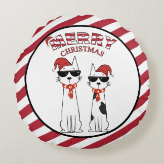 Cool Cats Striped Merry Christmas Round Cushion