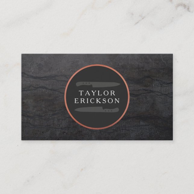 Cool Chef Rustic Copper Knife Logo Granite Business Card (Front)