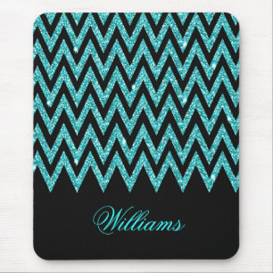 Cool chevron zigzag peacock blue faux glitter mouse mat