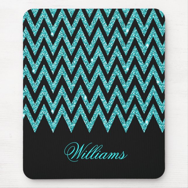 Cool chevron zigzag peacock blue  faux glitter mouse mat (Front)