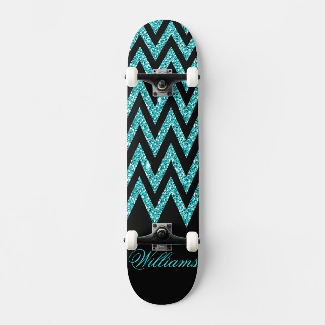 Cool chevron zigzag peacock blue  faux glitter skateboard (Front)