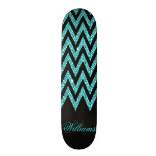 Cool chevron zigzag peacock blue faux glitter skateboard