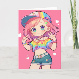 Cool Chibi Anime Girl Rainbow Holiday Card