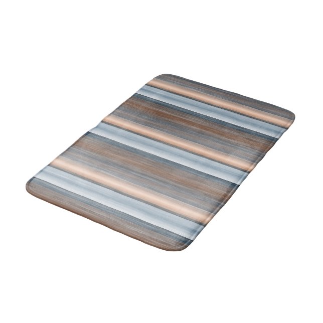 Cool Chic Brown Slate Blue Grey Stripes Art Bath Mat (Angled)