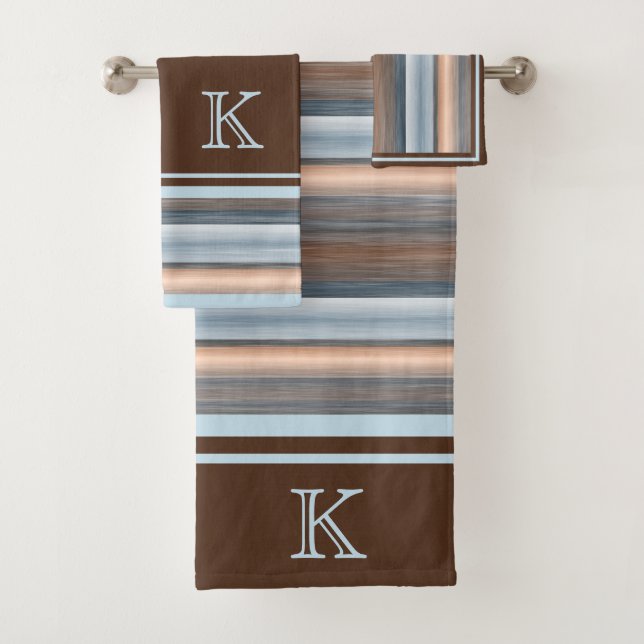 Cool Chic Brown Slate Blue Grey Stripes Bath Towel Set (Insitu)