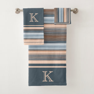 Cool Chic Brown Slate Blue Grey Stripes Bath Towel Set