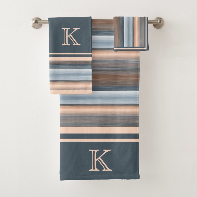 Cool Chic Brown Slate Blue Grey Stripes Bath Towel Set (Insitu)