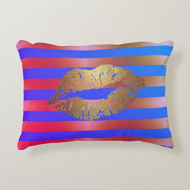 Cool Chic Gold Glittery Lips On Stripes Decorative Cushion (Front)