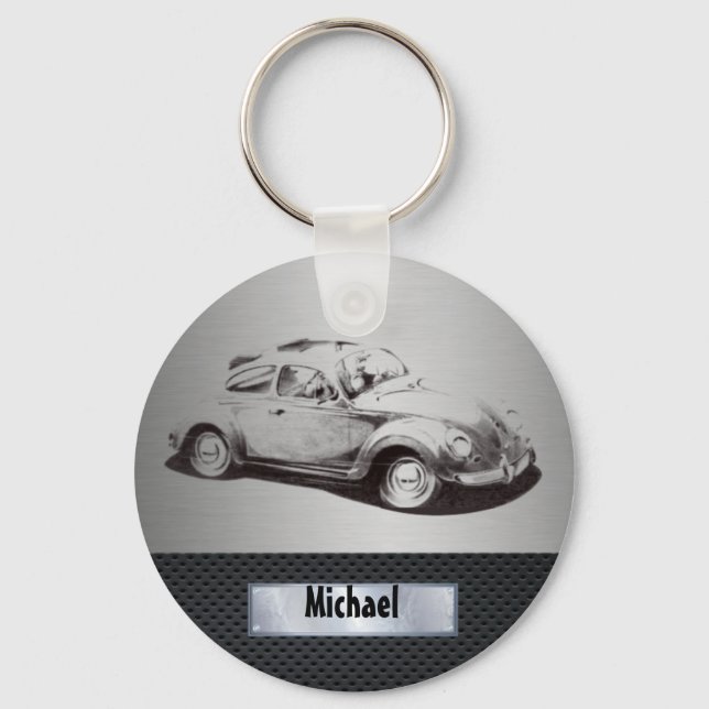 Cool chic masculine classy old car silvery black key ring (Front)