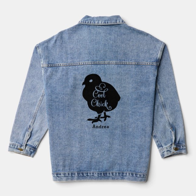 Cool Chick Chicken Personalised Name Womens Denim Jacket (Back)