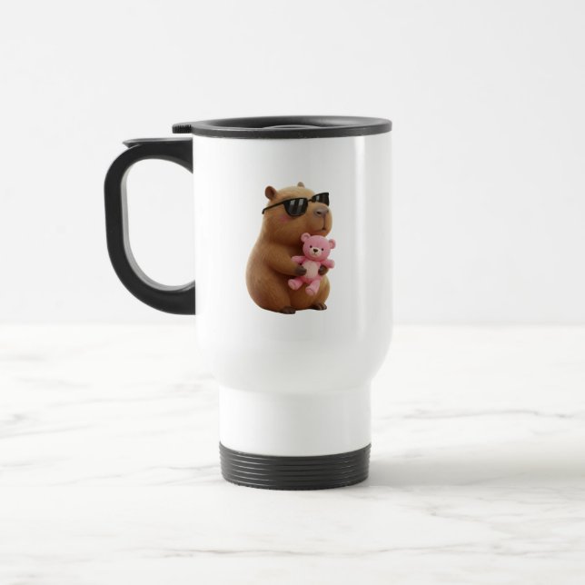 Cool Chill Capybara Hugging Teddy Bear Travel Mug (Left)