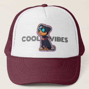 Cool chill colourful vibrant dog in glasses trucker hat