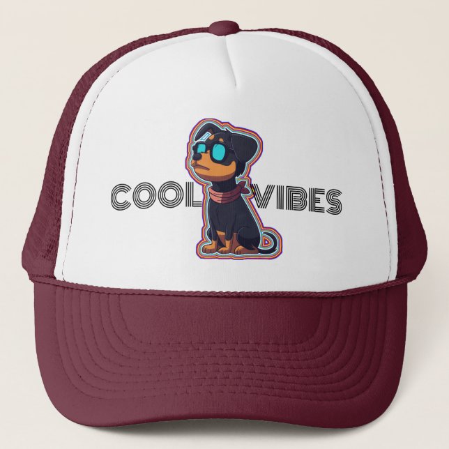 Cool chill colourful vibrant dog in glasses trucker hat (Front)
