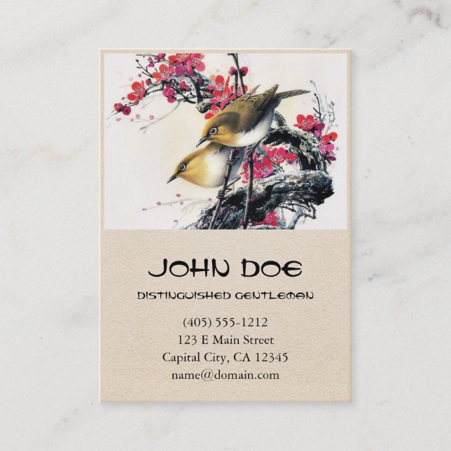 Cool chinese beautiful brown bird red cherry tree business card (Front)